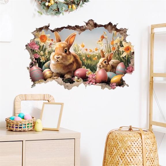 Easter Bunny Easter Egg Flower 3D Wall Stickers, Realistic Watercolor Style With Spring Florals & Distressed Hole Texture, Removable Pvc For Bedroom Living Room Children's Room