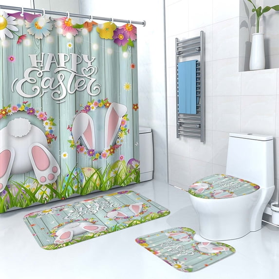 Easter Bunny Easter Eggs Shower Curtain Floor Mat 4-piece Set Shower Curtain Toilet Seat Cover Floor Mat Waterproof Decor Spring Theme Home(A)