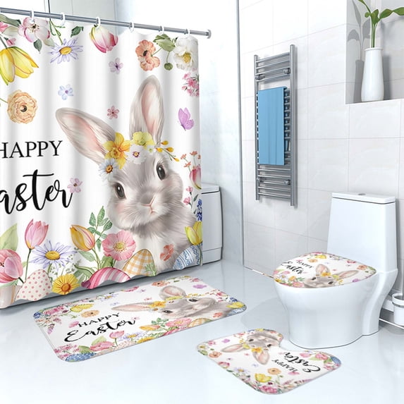 Easter Bunny Easter Eggs Shower Curtain Floor Mat 4-piece Set Shower Curtain Toilet Seat Cover Floor Mat Waterproof Decor Spring Theme Home(B)