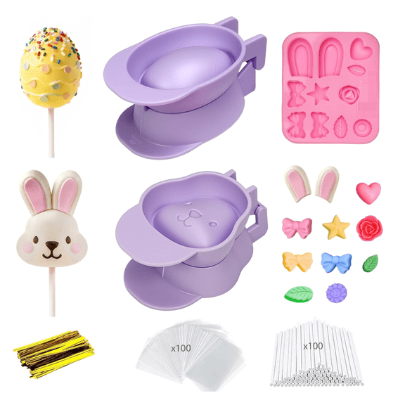 Easter Bunny & Egg Cake Pop Baking Kit, Includes 100 Sticks, Wrappers & Silicone Decorating Mold for Family Holiday Treats