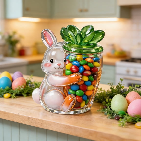 Easter Bunny Egg Chick Glass Candy Jar, Cute Storage Container with Gift Box for Festival and Gifting - Green