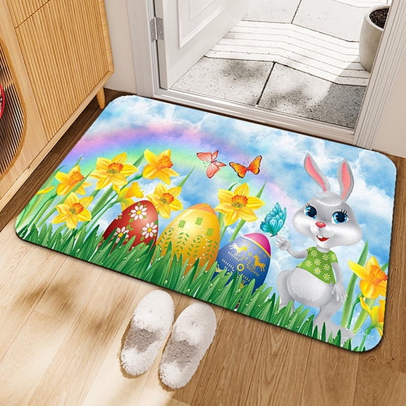 Easter Bunny Egg Decor Rug Playful Colorful Soft Carpet for Home Living Room Entryway Spring Holiday Decorations Indoor Floor Mat Spring Easter Party Decor for Bedroom Kitchen Accent Rug