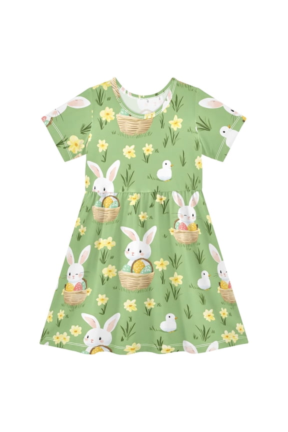 Easter Bunny Egg Flower Girls Short Sleeve Dress A Line Sun Protection Breathable Comfort Sundress 3T