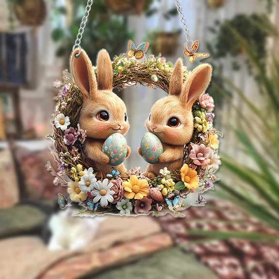Easter Bunny And Egg Hanging Ornaments 2D Flat Designs, Acrylic Bunny And Egg Ornaments For Home Garden, Flat Acrylic Easter Decor For Wall Decoration