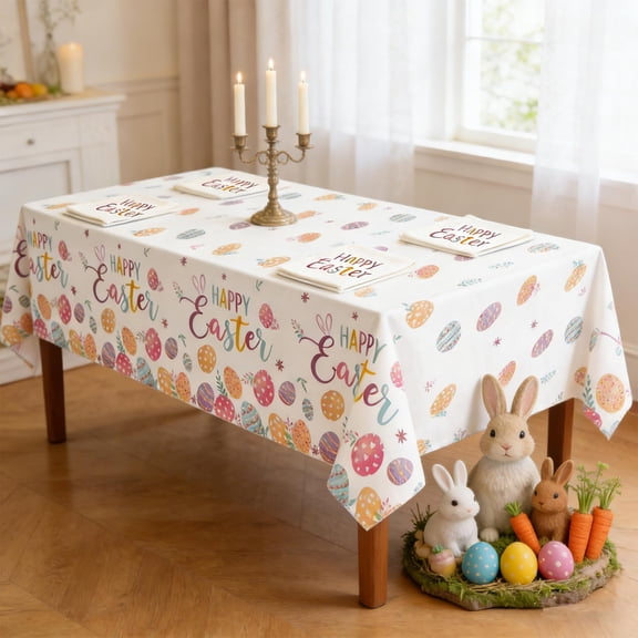 Easter Bunny Egg Pattern Disposable Plastic Tablecloth, Large Party Table Cover, Waterproof Spill Proof Dining Mat, for Holiday Party Dinner Table, Festive Celebration Table Liner, B