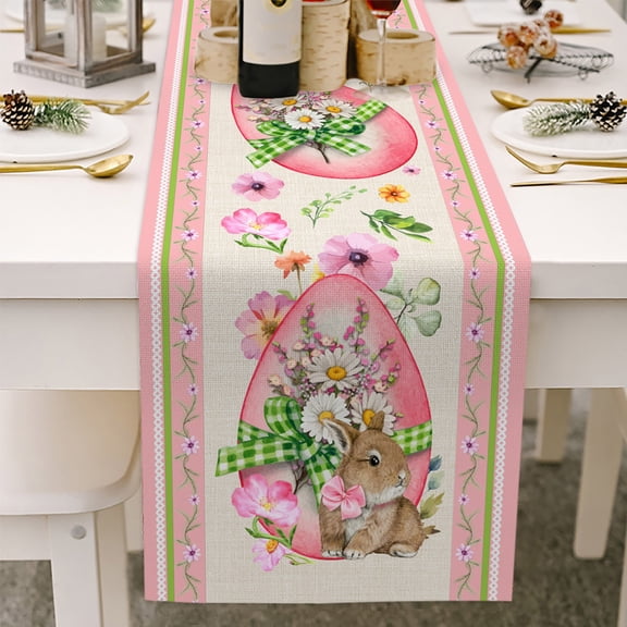 Easter Bunny Egg Pattern Linen Print Kitchen Dining Room Insulated Decorative Placemat(D) Decorative Table Banner 14.2"X72.0" Easter Decorations