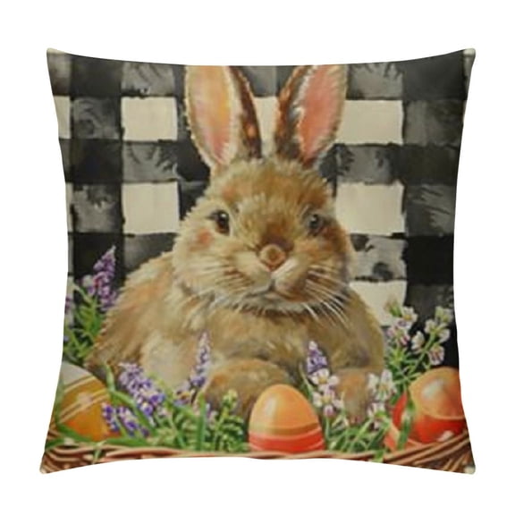 Easter Bunny Egg Pillow Covers Spring Farmhouse Decorations Rabbit Carrot Easter Pillows Cover with Black and White Buffalo Plaid Check Throw Lumbar Pillow Cases