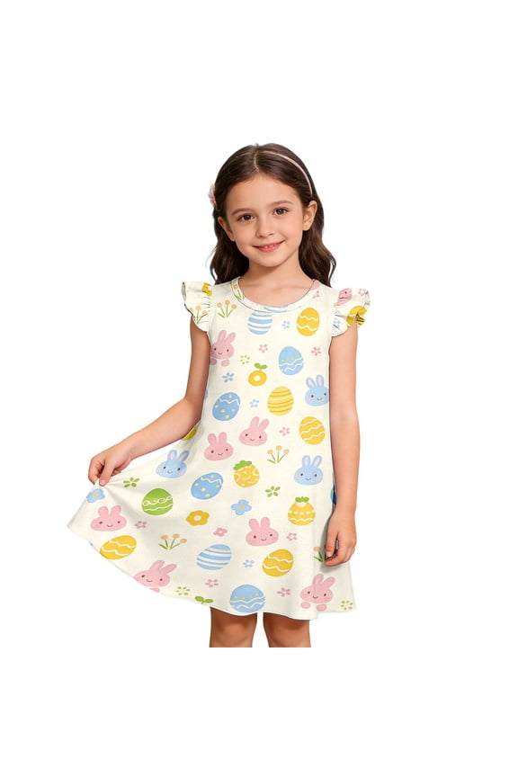 Easter Bunny Egg Print Girls Sleeveless Dress Cute Toddler Party Holiday Floral Smocked Clothes