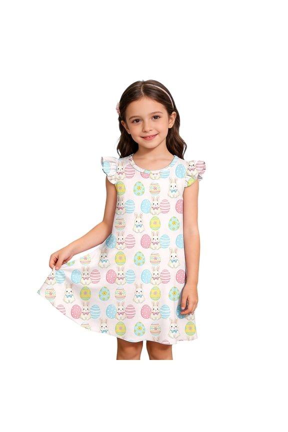 Easter Bunny Egg Print Girls Sleeveless Smocked Dress Cute Toddler Floral Party Holiday Outfit