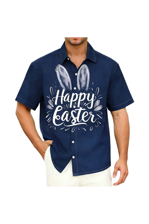Easter Bunny Egg Print Short Sleeve Button Down Shirts for Men Holiday Lightweight Casual Top Seasonal Pattern Breathable Navy L