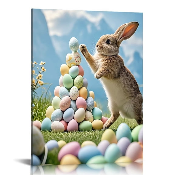 Easter Bunny Egg Print Wall Art, Lovely Rabbit Picture Posters Wrapped Canvas Wall Decor Artwork Painting for Bedroom, Living Room,Bathroom, Office Classic Home Decor Easter Gifts