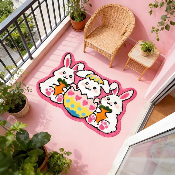 Easter Bunny Egg Shaped Floor Mat – Colorful Non-Slip Carpet Rug for Bedroom, Porch, Kitchen, Dorm, Spring Holiday Home Decoration