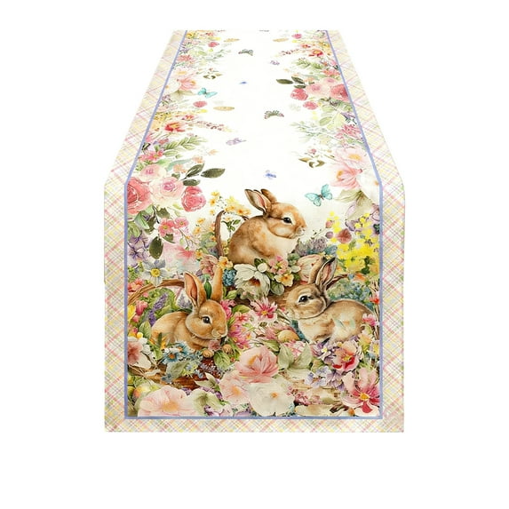 Easter Bunny and Egg Table Runner, Linen-Like Texture Dining Table Decor Cloth, for Holiday Living Room and Party Table Setting, Festive Spring Celebration Centerpiece