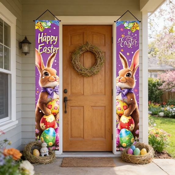 Easter Bunny and Egg Themed Couplets – 71" Long Porch Signs Hanging Banners | Outdoor Courtyard Decorations and Flags with "EASTER" & "HAPPY" Lettering | Double-Sided Polyester Garden Banner