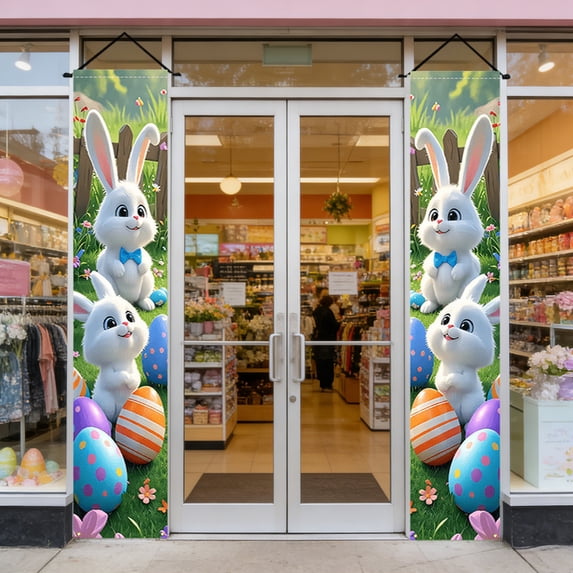 Easter Bunny and Egg Themed Couplets – 71" Long Porch Signs Hanging Banners | Outdoor Courtyard Decorations and Flags with "EASTER" & "HAPPY" Lettering | Double-Sided Polyester Garden Banner