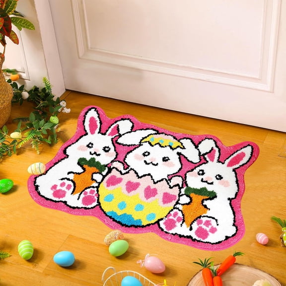 Easter Bunny Egg Themed Non-Slip Bath Mat - Washable Absorbent Tufted Carpet for Bathroom/Living Room, Soft Festive Rug for Easter Home Decoration, Durable Holiday Floor Mat, 24*16in, Colorful