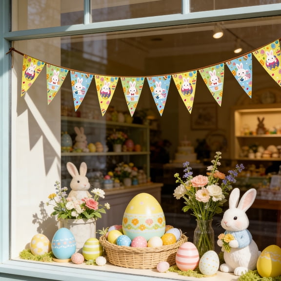 Easter Bunny Egg Triangle Flag Banner Spring Party Decorations Colorful Hanging Bunting for Home Holiday Party Festive Backdrop Wall Decor