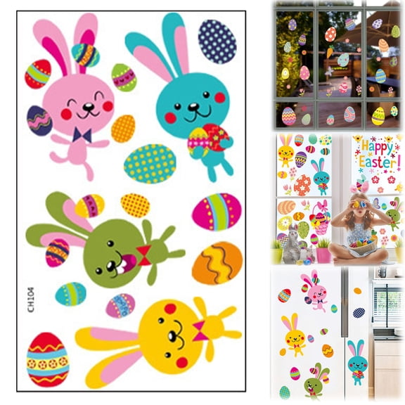 Easter Bunny & Egg Wall Stickers, DIY Home Decoration, Gift Party Favor Supplies, Removable Window/Glass Decor for Home Mall Window Display (Reusable Festive Decals - D)