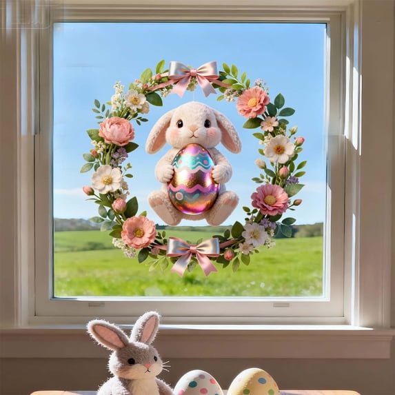 Easter Bunny Egg Wreath Wall Decal Self-Adhesive Removable Sticker for Door Window Spring Decor(C)
