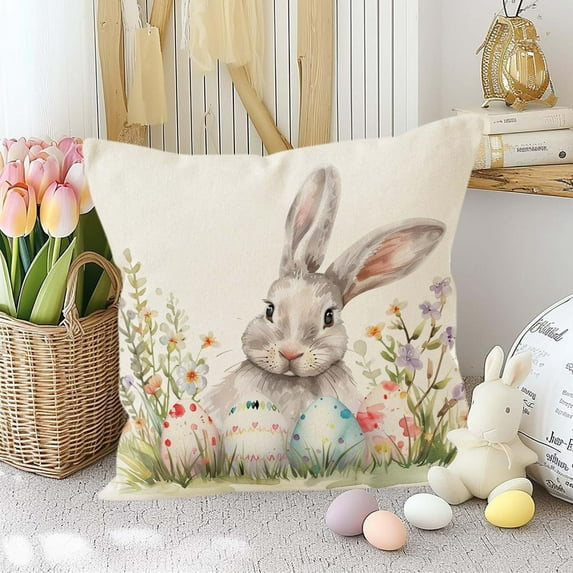 Easter Bunny Egg and Flower Pillow Cover – Decorative Embroidered Pillowcase for Sofa and Car, Holiday Spring Home Decor Festive Cover Living Spaces