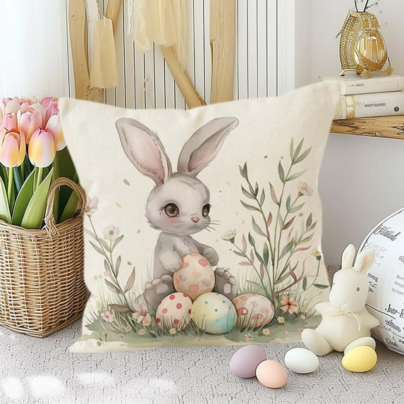 Easter Bunny Egg and Flower Pillow Cover – Decorative Embroidered Pillowcase for Sofa and Car, Holiday Spring Home Decor Festive Cover Living Spaces