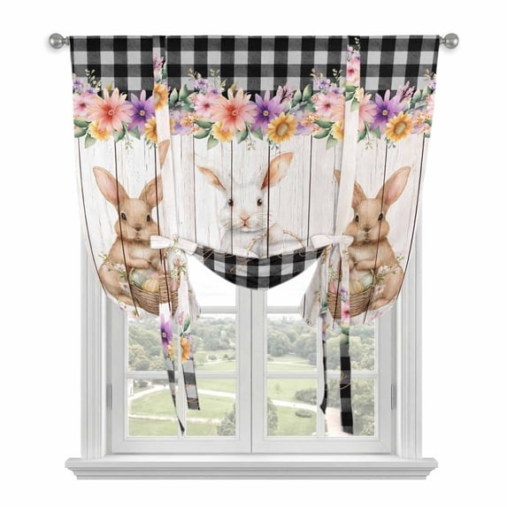 Easter Bunny Eggs Balloon Curtains for Bedroom/Front Door/Bathroom, Spring Flowers Rabbits Farmhouse Buffalo Plaid Tie Up Curtains 63 Inch Length Kitchen Curtains Shades for Windows 46"x63"