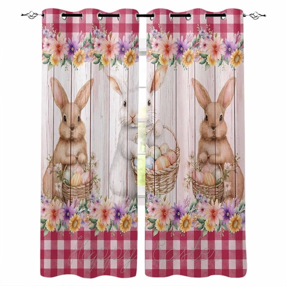 Easter Bunny Eggs Blackout Curtains for Bedroom, Spring Wildflowers Plants Pink Farm Plaid Thermal Insulated Kitchen Drapes with Grommets, Light Blocking Window Treatment, 2 Panels 52" x 45"