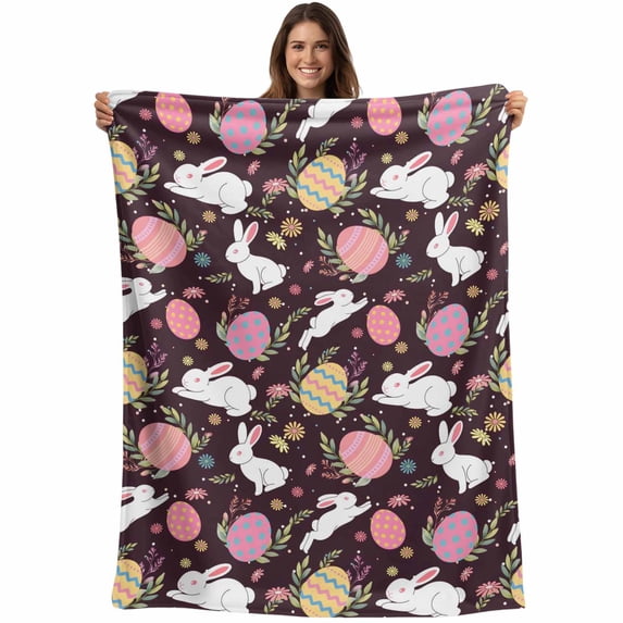 Easter Bunny Eggs Blanket Soft Cozy Warm Throw Blanket for Couch, Plush Fuzzy Flannel Fleece Blankets for Sofa, Spring Leaves Daisy Flowers Vintage Purple Bed Blankets Gifts for Men, 50"x80"