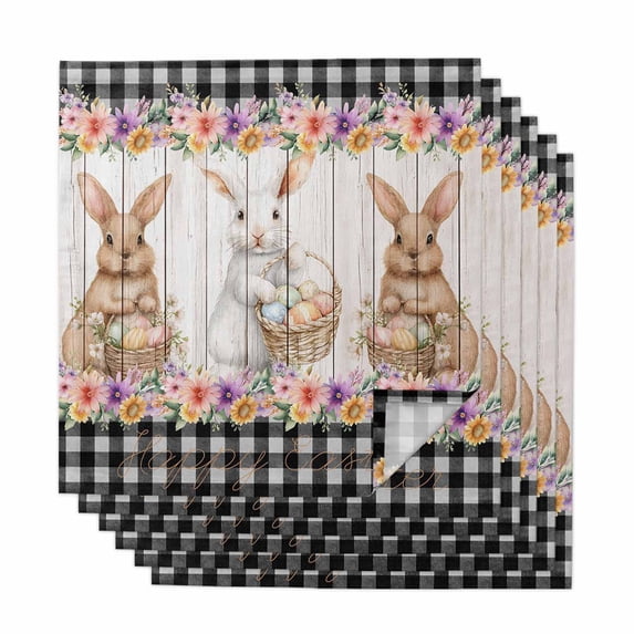 Easter Bunny Eggs Cloth Napkins, Spring Flowers Rabbits Farmhouse Buffalo Plaid Washable and Reusable Dinner Napkins Set of 6, Table Napkin for Kitchen Party Birthday Wedding Hotel 20"x20"