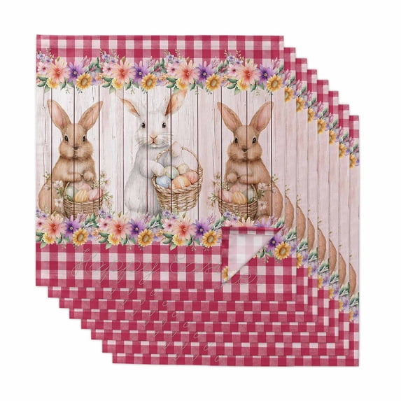 Easter Bunny Eggs Cloth Napkins, Spring Wildflowers Plants Pink Farm Plaid Washable and Reusable Dinner Napkins Set of 8, Table Napkin for Kitchen Party Birthday Wedding Hotel Housewarming 20"x20"