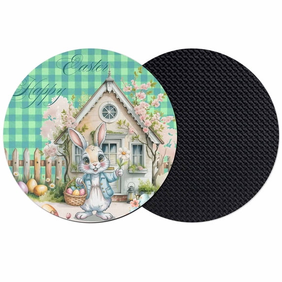 Easter Bunny Eggs Coasters Set of 2, Absorbent Coasters for Drinks, Spring Pink Flowers Country Cabin Green Plaid Coaster for Desk Coffee Table Protection, Home Decor House Warming Gifts 4"