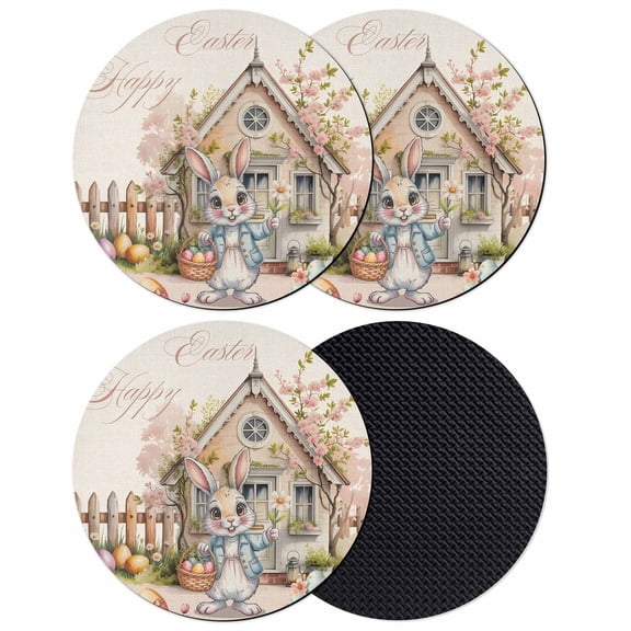 Easter Bunny Eggs Coasters Set of 4, Absorbent Coasters for Drinks, Spring Pink Flowers Country Cabin Beige Coaster for Desk Coffee Table Protection, Home Decor House Warming Gifts 4"