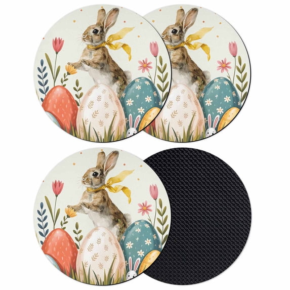 Easter Bunny Eggs Coasters Set of 4, Absorbent Coasters for Drinks, Spring Tulip Daisy Flowers Leaves Pastoral Coaster for Desk Coffee Table Protection, Home Decor House Warming Gifts 4"