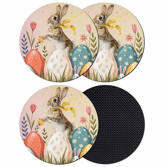 Easter Bunny Eggs Coasters Set of 4, Absorbent Coasters for Drinks, Spring Tulip Flowers Leaves Country Plants Coaster for Desk Coffee Table Protection, Home Decor House Warming Gifts 4"