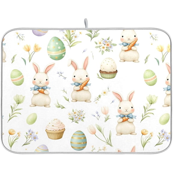 Easter Bunny Eggs Dish Drying Mat for Kitchen Counter Cakes Carrot Dry Dishes Pads Mats Microfiber Drainer Mats Tableware Protector Countertop 16 X 18 in