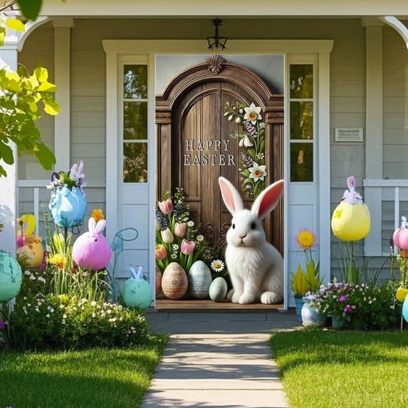 Easter Bunny Eggs Door Cover Banners Spring Happy Easter Print Welcome Banner for Porch Decorations and Party Backgrounds, 180x90cm