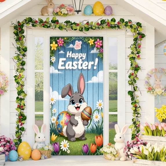 Easter Bunny Eggs Door Cover Decorative Easter Day Door Curtain Welcome Bunny Door Cover, Happy Easter Door Decoration for Spring Theme Party Supplies Holiday Decoration Background