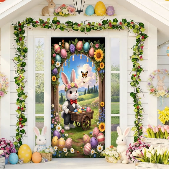 Easter Bunny Eggs Door Cover Decorative Easter Day Door Curtain Welcome Bunny Door Cover, Happy Easter Door Decoration for Spring Theme Party Supplies Holiday Decoration Background