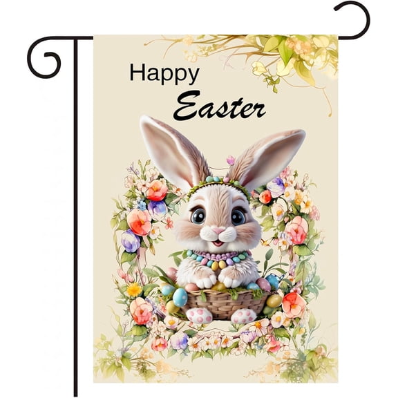 Easter Garden Flag Happy Bunny Outdoor Yard Flag 12x18 Inch Double Sided Holiday Eggs Design for Garden and House Decoration