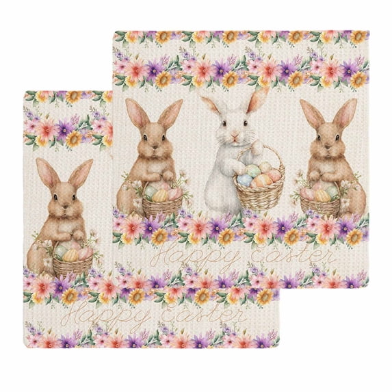 Easter Bunny Eggs Kitchen Dish Towels for Drying Dishes Set of 2, Spring Flowers Rabbits Plants Retro Beige Waffle Weave Microfiber Hand Tea Bathroom Towels Quick Dry & Absorbent Towel 12x12