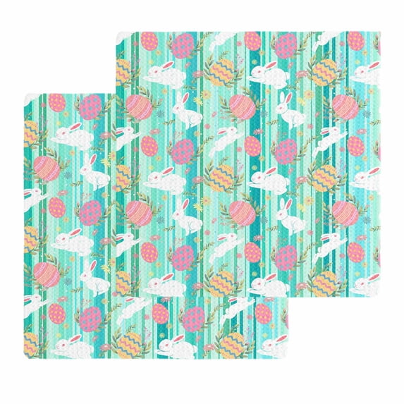 Easter Bunny Eggs Kitchen Dish Towels for Drying Dishes Set of 2, Spring Leaves Daisy Flowers Green Stripes Waffle Weave Microfiber Hand Tea Bathroom Towels Quick Dry & Absorbent Towel 12x12