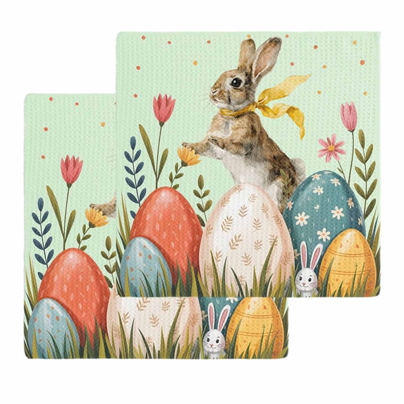 Easter Bunny Eggs Kitchen Dish Towels for Drying Dishes Set of 2, Spring Tulip Flowers Leaves Rustic Green Waffle Weave Microfiber Hand Tea Bathroom Towels Quick Dry & Absorbent Towel 12x12