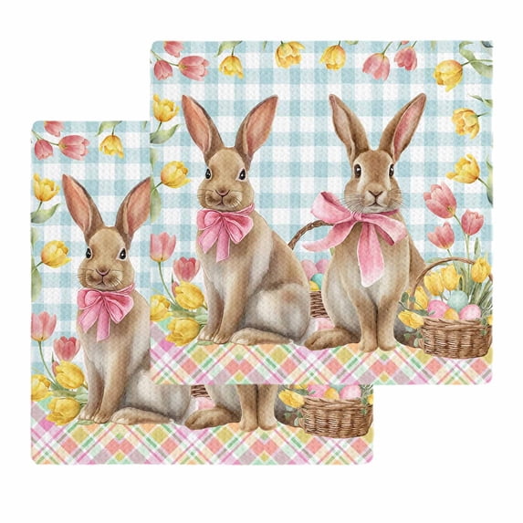 Easter Bunny Eggs Kitchen Dish Towels for Drying Dishes Set of 2, Spring Tulips Farm House Rabbits Blue Plaid Waffle Weave Microfiber Hand Tea Bathroom Towels Quick Dry & Absorbent Towel 12x12