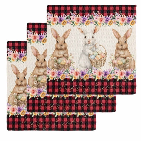 Easter Bunny Eggs Kitchen Dish Towels for Drying Dishes Set of 3, Spring Flowers Rabbits Retro Red Black Plaid Waffle Weave Microfiber Hand Tea Bathroom Towels Quick Dry & Absorbent Towel 12x12
