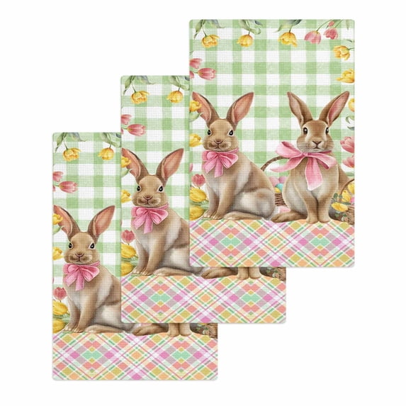 Easter Bunny Eggs Kitchen Dish Towels for Drying Dishes Set of 3, Spring Tulips Country Rabbits Green Checkered Waffle Weave Microfiber Hand Tea Bathroom Towels Quick Dry & Absorbent Towel 15.7x23.6