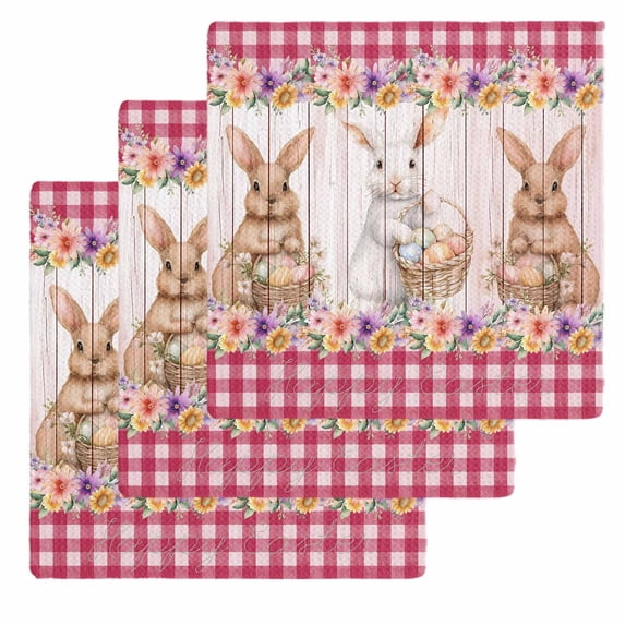 Easter Bunny Eggs Kitchen Dish Towels for Drying Dishes Set of 3, Spring Wildflowers Plants Pink Farm Plaid Waffle Weave Microfiber Hand Tea Bathroom Towels Quick Dry & Absorbent Towel 12x12