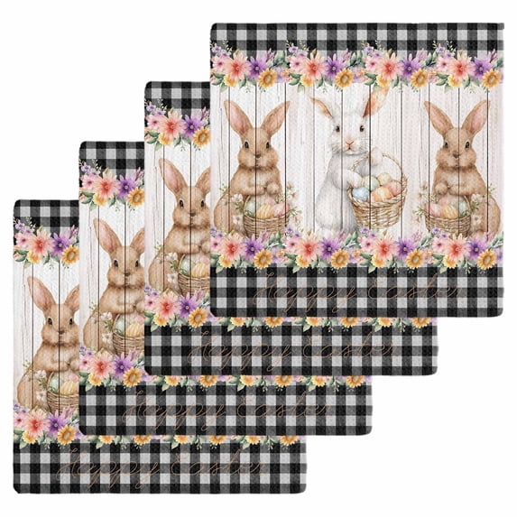 Easter Bunny Eggs Kitchen Dish Towels for Drying Dishes Set of 4, Spring Flowers Rabbits Farmhouse Buffalo Plaid Waffle Weave Microfiber Hand Tea Bathroom Towels Quick Dry & Absorbent Towel 12x12