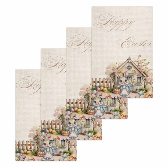 Easter Bunny Eggs Kitchen Dish Towels for Drying Dishes Set of 4, Spring Pink Flowers Country Cabin Beige Waffle Weave Microfiber Hand Tea Bathroom Towels Quick Dry & Absorbent Towel 15.7x23.6