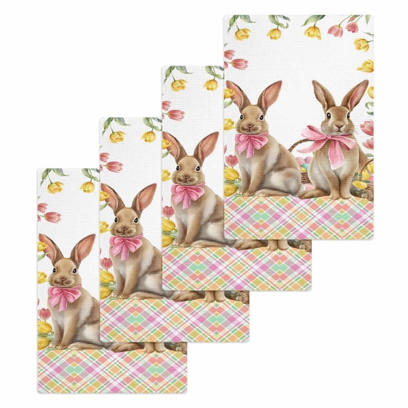 Easter Bunny Eggs Kitchen Dish Towels for Drying Dishes Set of 4, Spring Tulips Rustic Rabbits Colorful Plaid Waffle Weave Microfiber Hand Tea Bathroom Towels Quick Dry & Absorbent Towel 15.7x23.6
