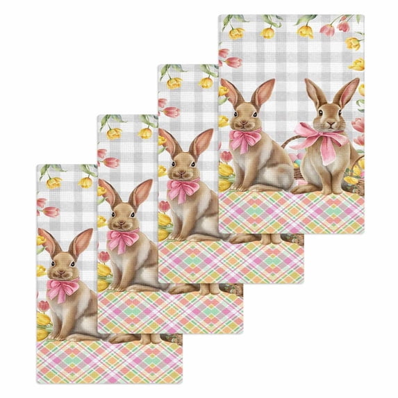 Easter Bunny Eggs Kitchen Dish Towels for Drying Dishes Set of 4, Spring Tulips Rustic Rabbits Grey Plaid Waffle Weave Microfiber Hand Tea Bathroom Towels Quick Dry & Absorbent Towel 15.7x23.6